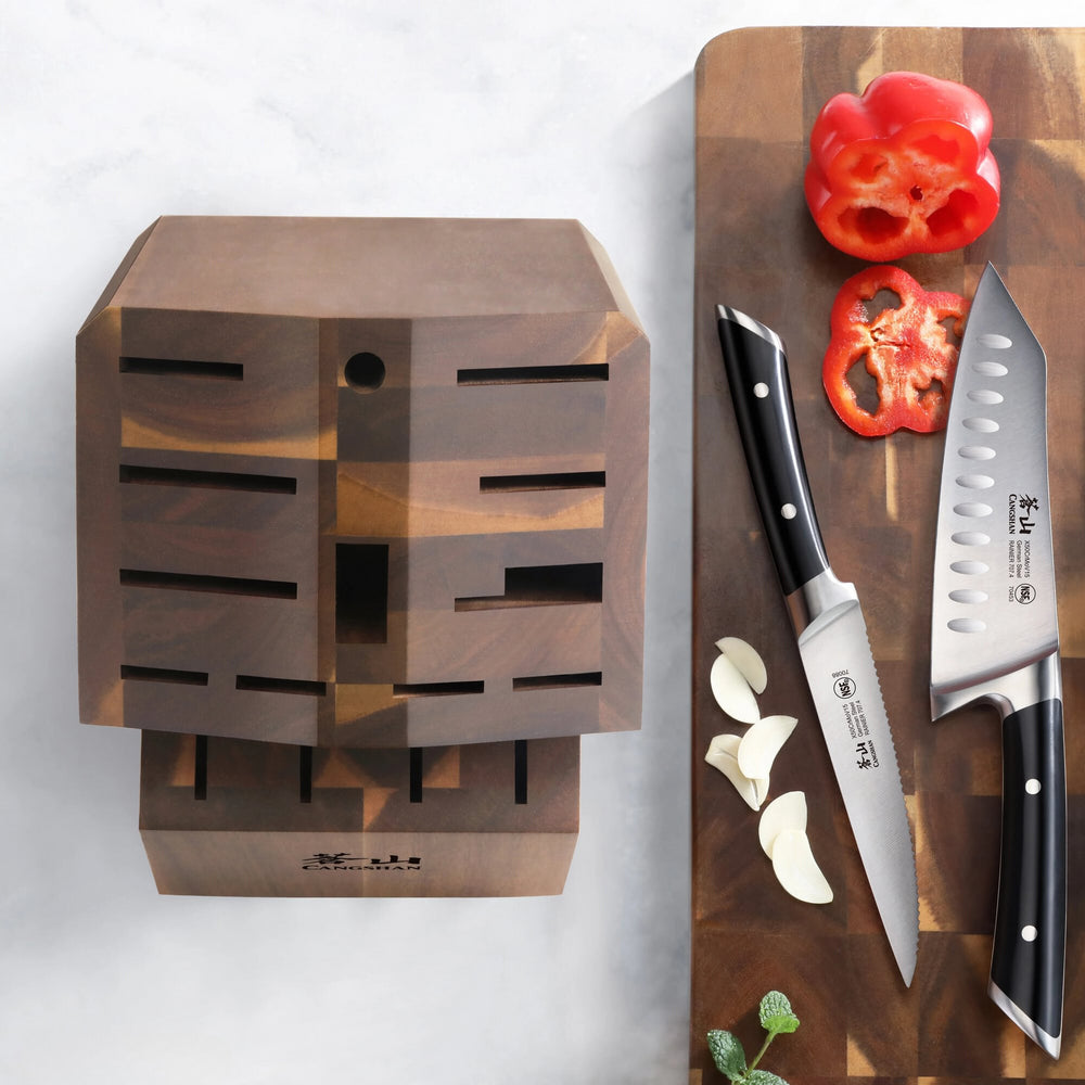 
                  
                    Load image into Gallery viewer, Empty Knife Block, 16-Slot Organizer, Angled Top, Acacia, 505576
                  
                