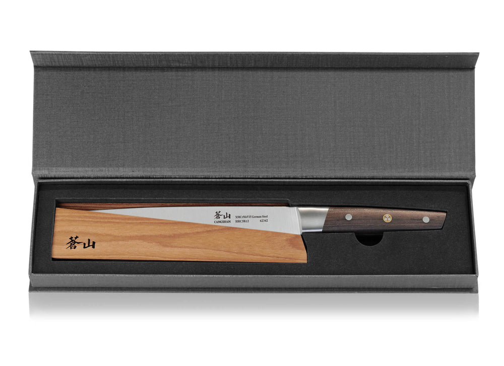 
                  
                    Load image into Gallery viewer, R Series 8-Inch Chef Knife with Ash Wood Sheath, Forged German Steel, 62625
                  
                