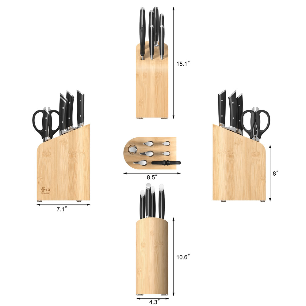 
                  
                    Load image into Gallery viewer, RAINIER Series 8-Piece Knife Block Set, German Steel, Bamboo Block, Black, 504081
                  
                