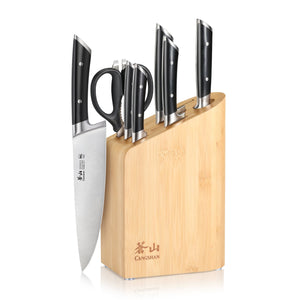 
                  
                    Load image into Gallery viewer, RAINIER Series 8-Piece Knife Block Set, German Steel, Bamboo Block, Black, 504081
                  
                