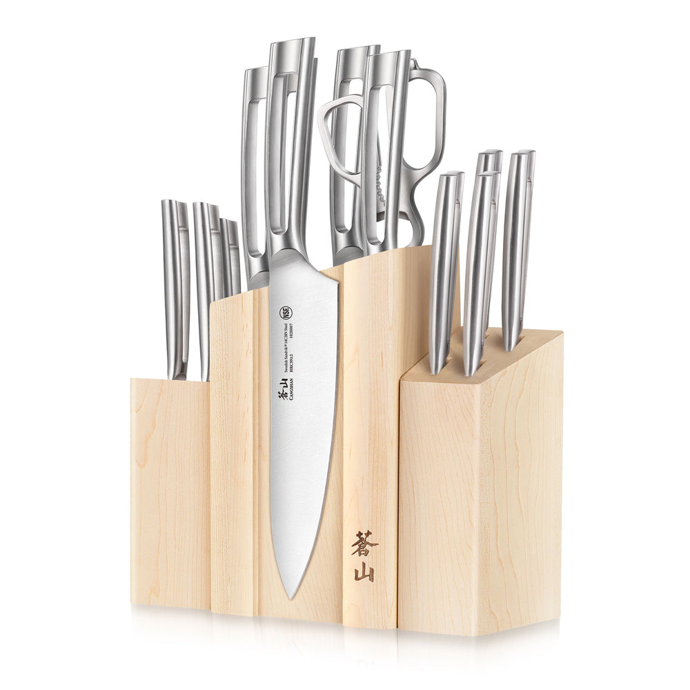 
                  
                    Load image into Gallery viewer, TN1 Series 14-Piece Magnetic Knife Block Set, Forged Swedish 14C28N Steel, DENALI Maple Block, 1021967
                  
                