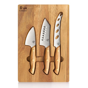 
                  
                    Load image into Gallery viewer, 3-Piece Olive Wood Cheese Knife Set with Acacia Cheese Board, 1027327
                  
                