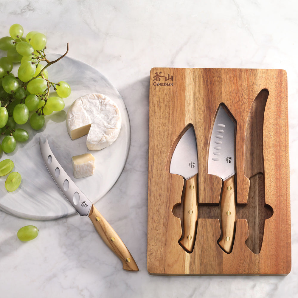 
                  
                    Load image into Gallery viewer, 3-Piece Olive Wood Cheese Knife Set with Acacia Cheese Board, 1027327
                  
                