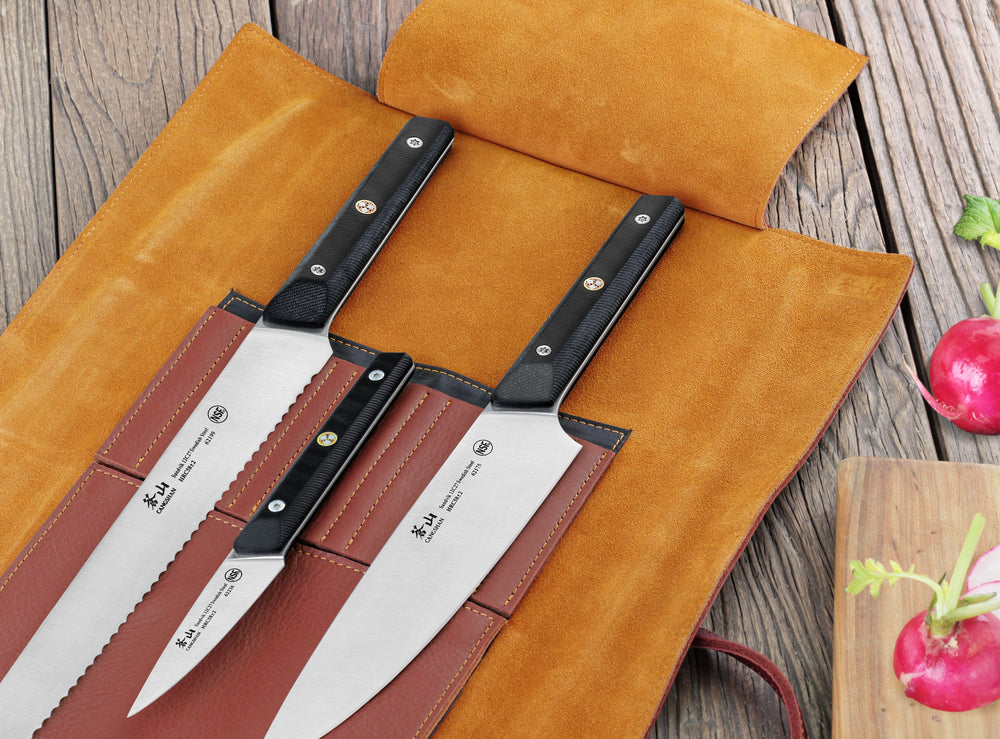 
                  
                    Load image into Gallery viewer, TG Series 4-Piece Knife Leather Roll Set, Swedish 12C27M Steel, 62304
                  
                