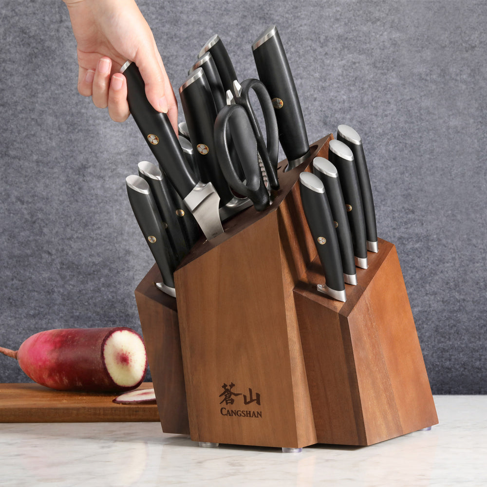 
                  
                    Load image into Gallery viewer, L Series 17-Piece SHAN Knife Block Set, Forged German Steel, Black, 1026788
                  
                